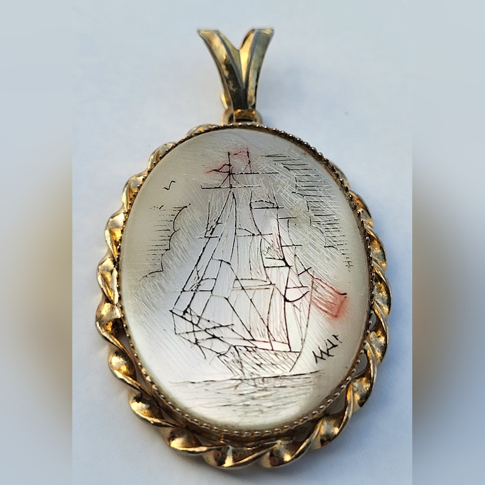 Vintage Faux Scrimshaw, Engraved Ship Pendant